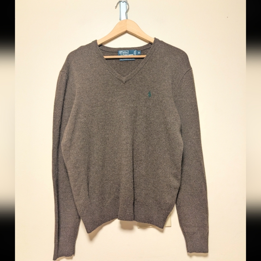Polo Ralph Lauren Lambswool Sweater M Brown V Neck Classic Pony